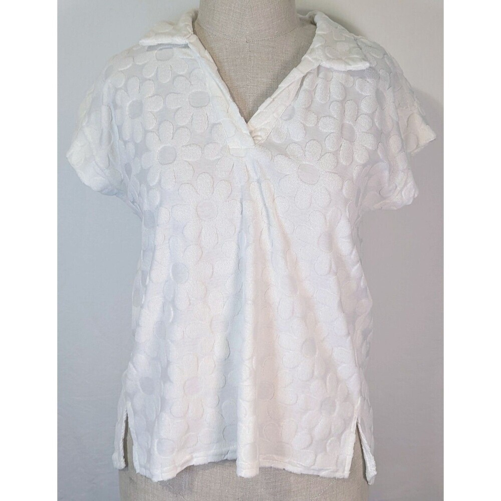 Umgee White Daisy Floral Textured Terry Knit V-Neck Top Size Large